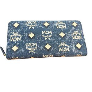MCM Long Blue Vintage Denim Canvas Leather Monogram Logo Zip Wallet